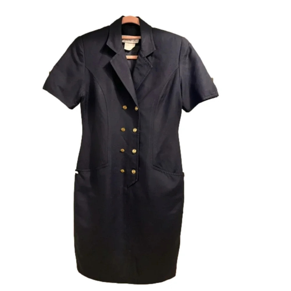 ❤️JACKIE K vintage double breasted dress navy golden embossed buttons  work wear